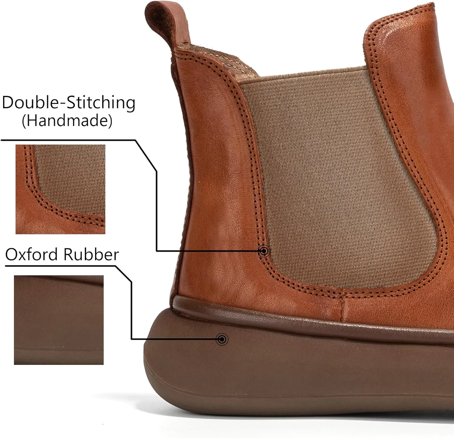 Women's Chelsea Boots Fashion Lug Sole Chunky Platform Heel Slip On Elastic Wide Ankle Booties, Genuine Leather Round Toe Pull On Cowgirl Short Boots