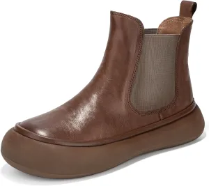 Women's Chelsea Boots Fashion Lug Sole Chunky Platform Heel Slip On Elastic Wide Ankle Booties, Genuine Leather Round Toe Pull On Cowgirl Short Boots