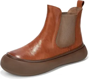 Women's Chelsea Boots Fashion Lug Sole Chunky Platform Heel Slip On Elastic Wide Ankle Booties, Genuine Leather Round Toe Pull On Cowgirl Short Boots