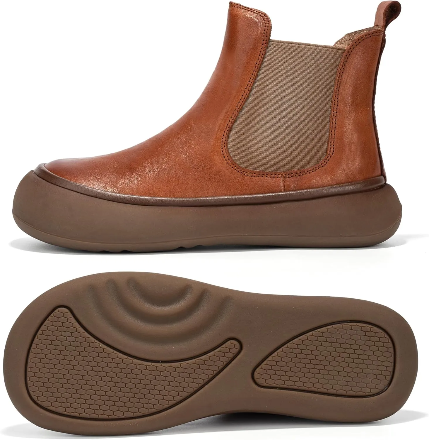 Women's Chelsea Boots Fashion Lug Sole Chunky Platform Heel Slip On Elastic Wide Ankle Booties, Genuine Leather Round Toe Pull On Cowgirl Short Boots