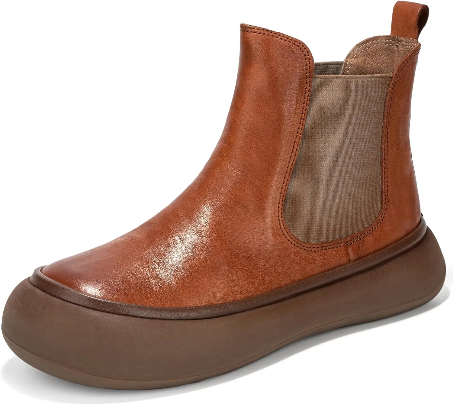 Women's Chelsea Boots Fashion Lug Sole Chunky Platform Heel Slip On Elastic Wide Ankle Booties, Genuine Leather Round Toe Pull On Cowgirl Short Boots