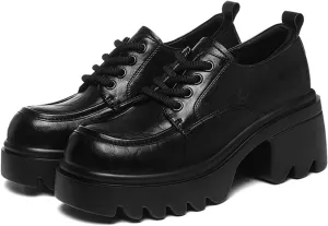 Women's Chunky Platform Loafers Classic Lace-Up Dress Shoes Casual Office Business Oxfords