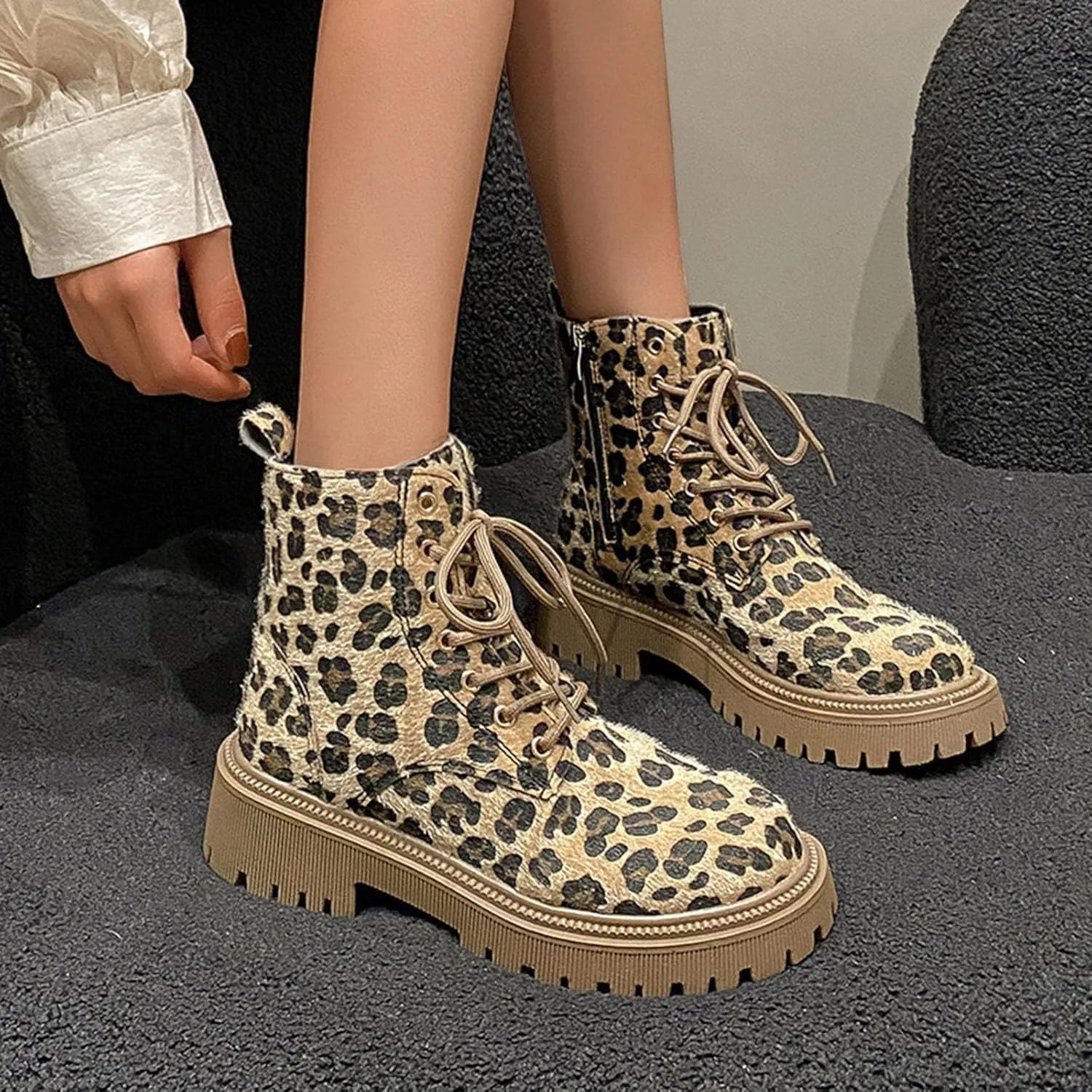 Women's Combat Boots Lace up Ankle Booties Lug Sole Low Heel Chelsea Fashion Leopard Print Boots Ladies Platform Boots Fur Lined Walking Hiking Shoes Suede Slip On Lace-up Booties with Side Zipper