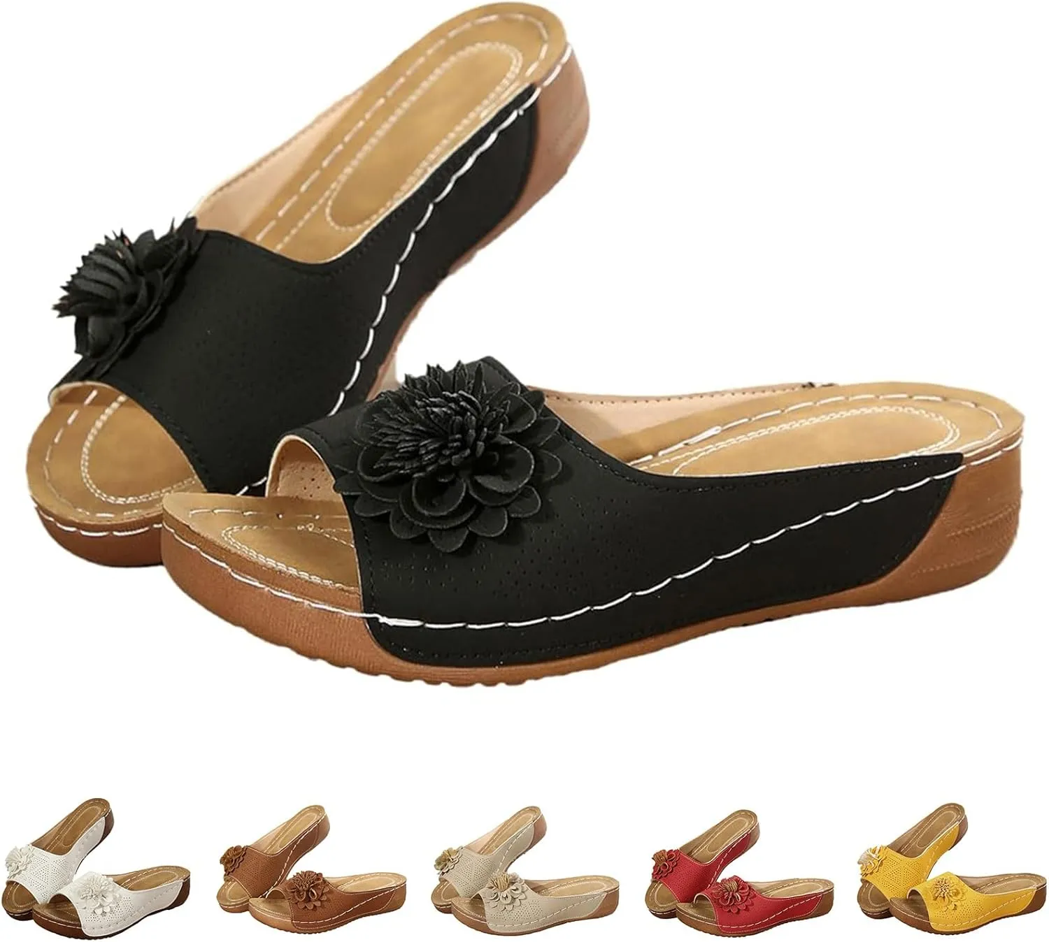 Womens Comfortable Orthopedic Wedge Sandals Open Toe Mid Heel Platform Low Slides Ladies Dressy Slipper Slip-on Slipper Flower Hollow Platform Slides Beach Shoes
