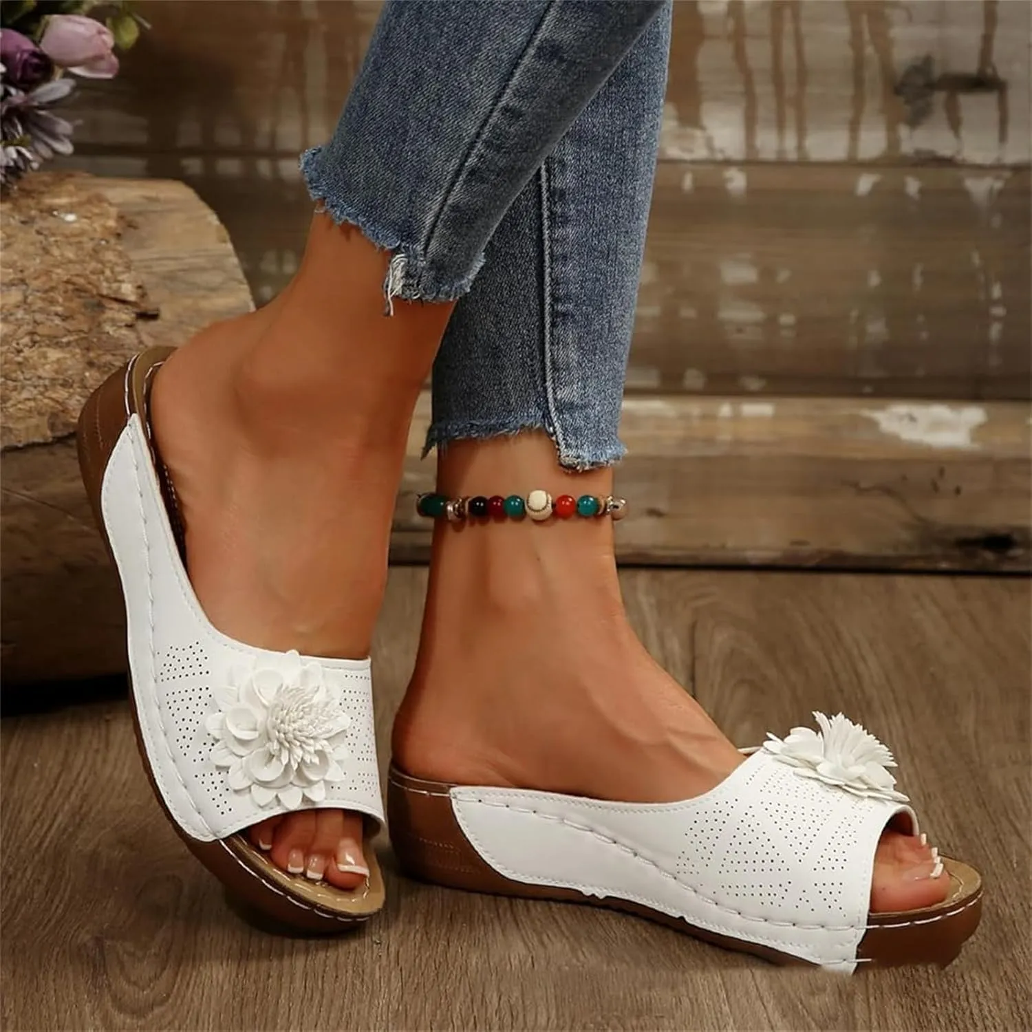Womens Comfortable Orthopedic Wedge Sandals Open Toe Mid Heel Platform Low Slides Ladies Dressy Slipper Slip-on Slipper Flower Hollow Platform Slides Beach Shoes