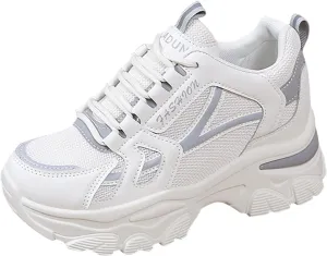 Women’s Fashion Platform Sneakers Breathable White Leather Mesh Teenage Girls Comfort Casual Sport Walking Shoes Arch support