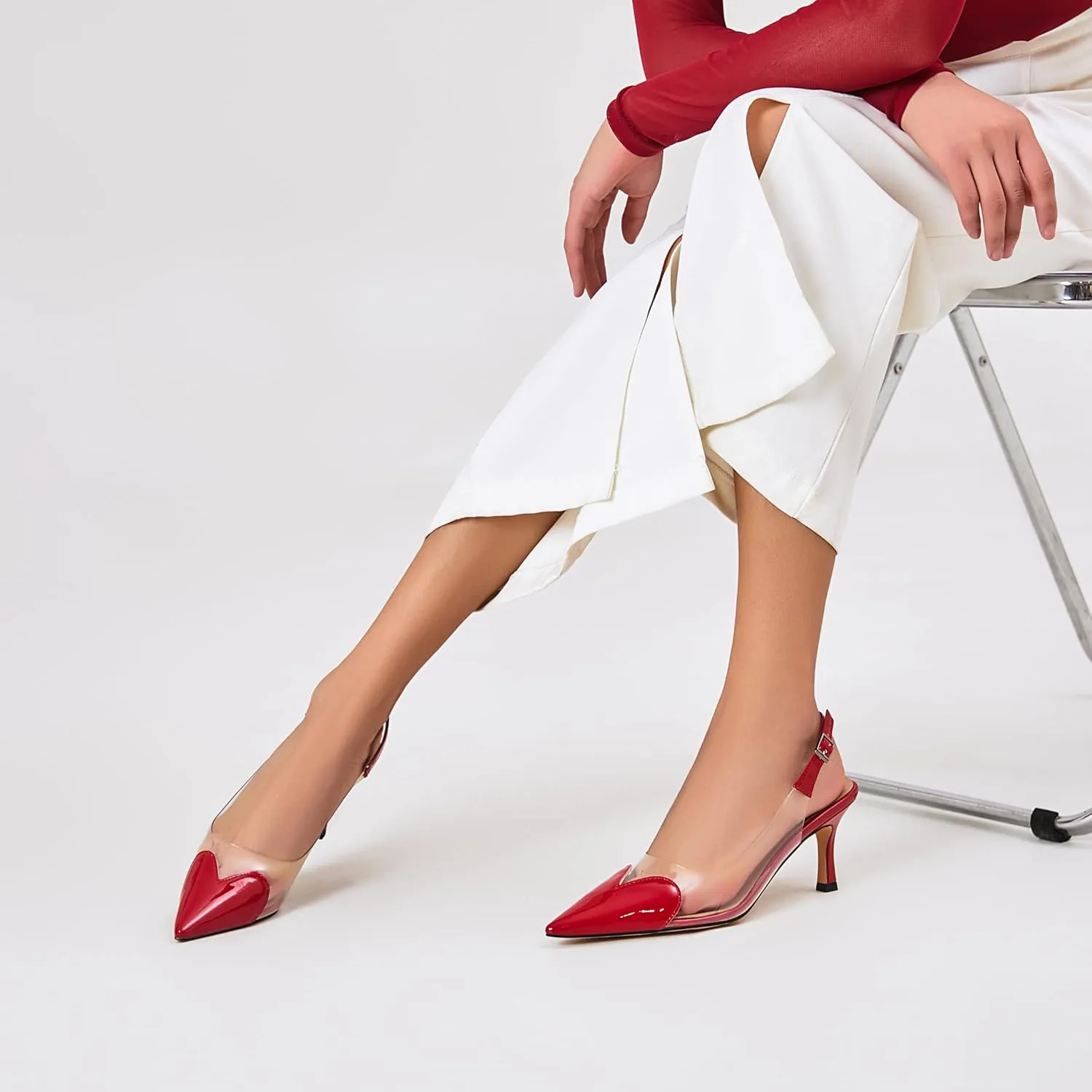 Women's Heart Clear Heeled sandals Pointed Toe Transparent Slingback Heels Buckle Strap Patent Leather Pumps Party Prom Dress Shoes
