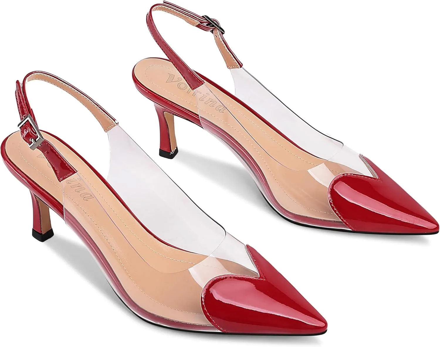 Women's Heart Clear Heeled sandals Pointed Toe Transparent Slingback Heels Buckle Strap Patent Leather Pumps Party Prom Dress Shoes