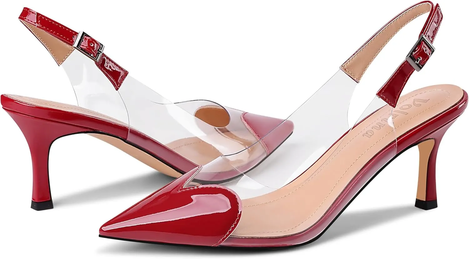 Women's Heart Clear Heeled sandals Pointed Toe Transparent Slingback Heels Buckle Strap Patent Leather Pumps Party Prom Dress Shoes