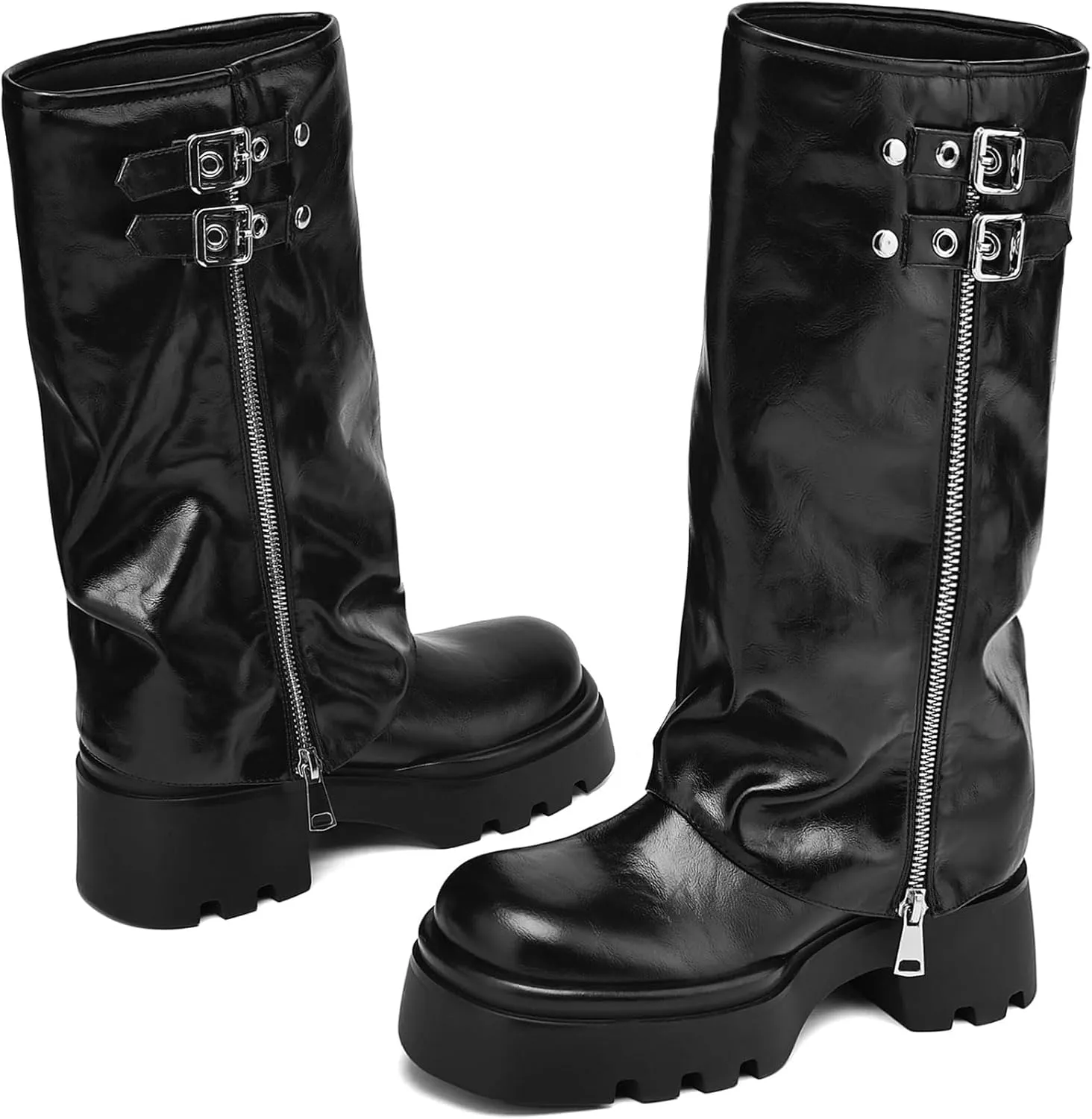 Women's Knee High Boots Buckle Moto Biker Boots for Women Platform Fold Over Tall Boots Chunky Low Heel Wide Calf Boots