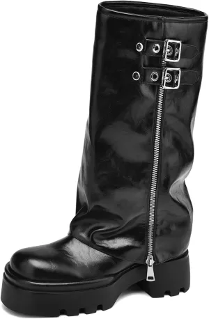 Women's Knee High Boots Buckle Moto Biker Boots for Women Platform Fold Over Tall Boots Chunky Low Heel Wide Calf Boots