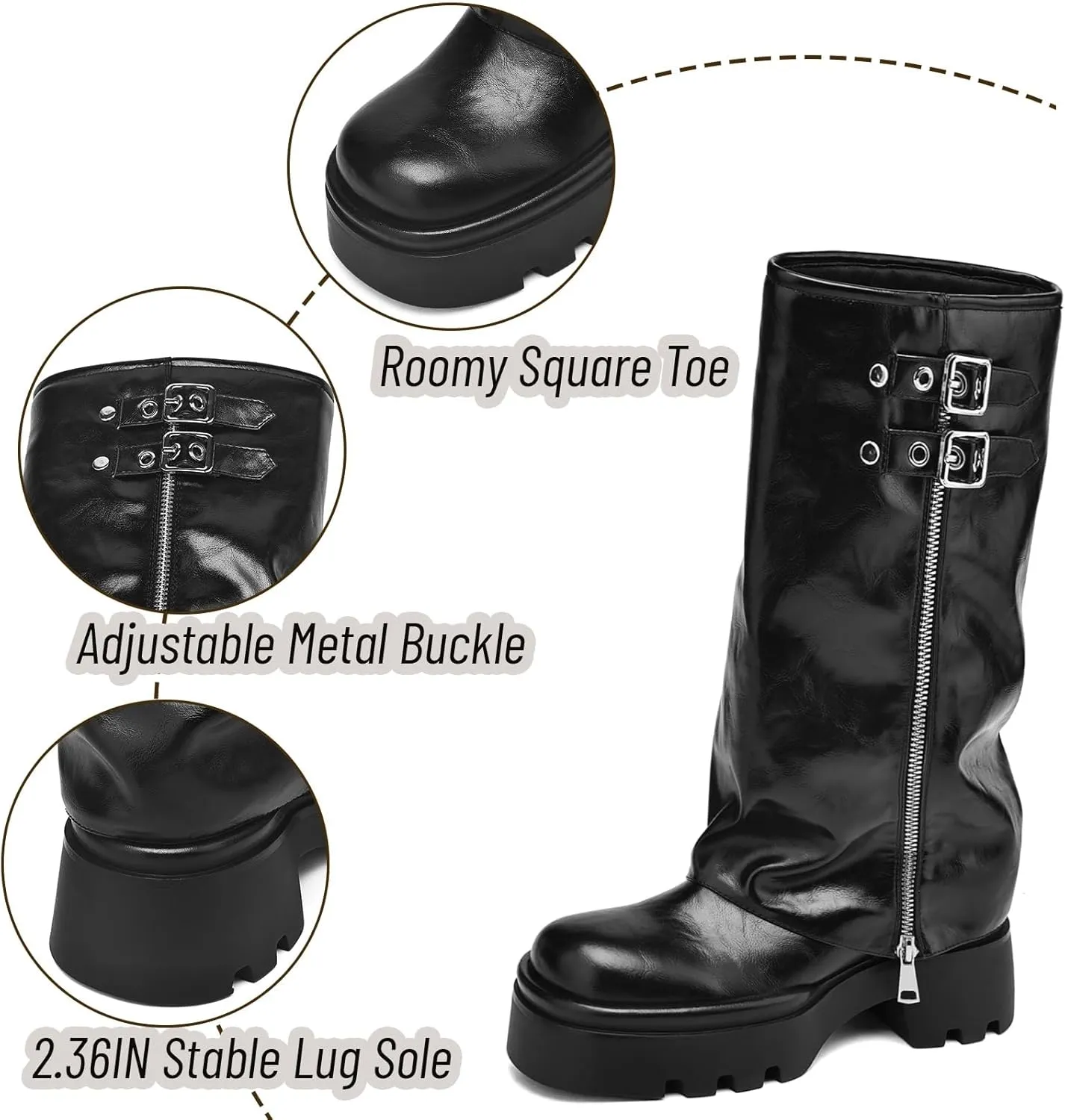 Women's Knee High Boots Buckle Moto Biker Boots for Women Platform Fold Over Tall Boots Chunky Low Heel Wide Calf Boots