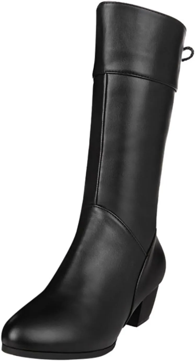 Women's Knee High Boots Chunky Heel Slouch Boots Round Toe Mid Calf Boots Comfortable Winter Boots With Side Zipper