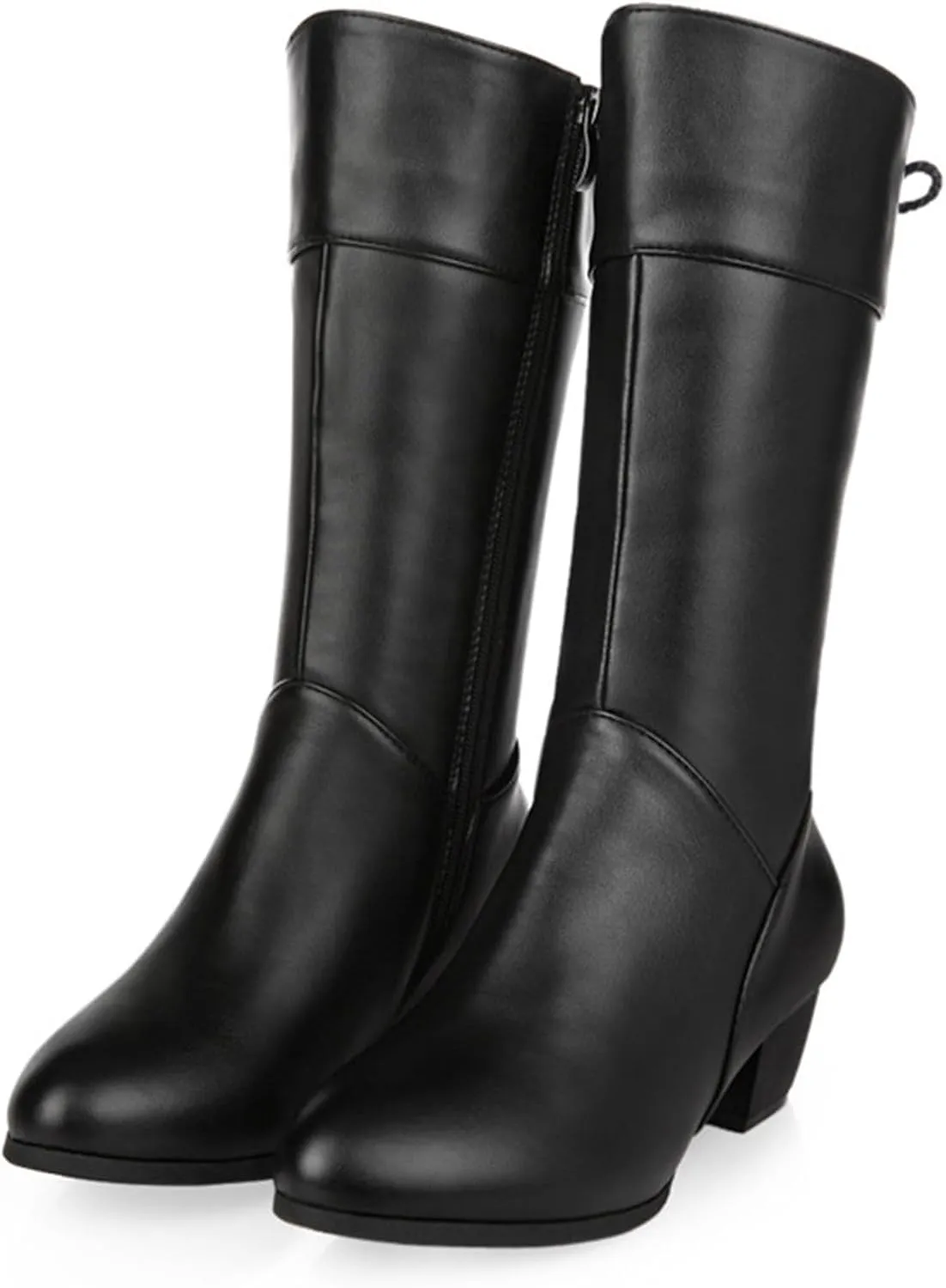 Women's Knee High Boots Chunky Heel Slouch Boots Round Toe Mid Calf Boots Comfortable Winter Boots With Side Zipper
