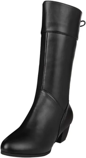 Women's Knee High Boots Chunky Heel Slouch Boots Round Toe Mid Calf Boots Comfortable Winter Boots With Side Zipper