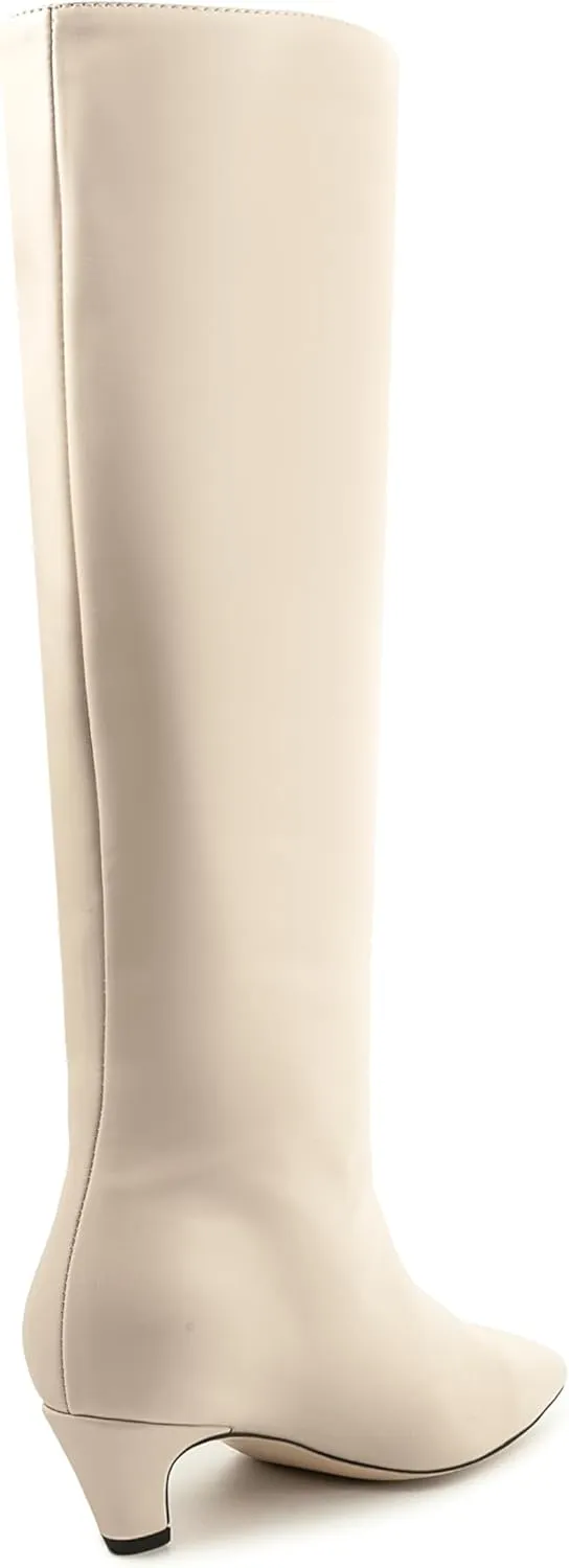 Women's Knee High Square Toe Kitten Heels Tall Leather Rubber Sole Pull On Boots