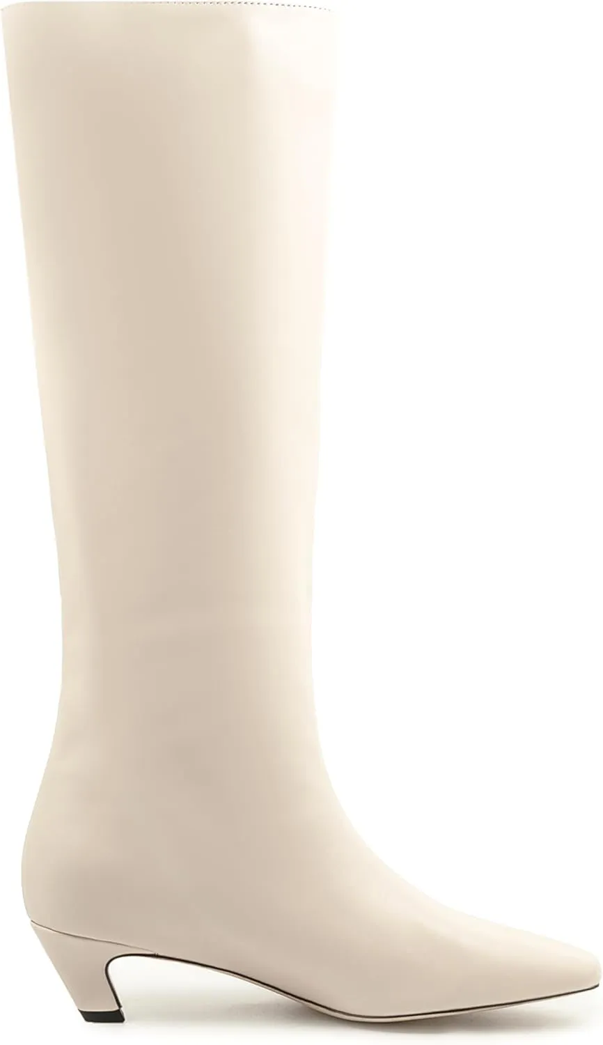 Women's Knee High Square Toe Kitten Heels Tall Leather Rubber Sole Pull On Boots