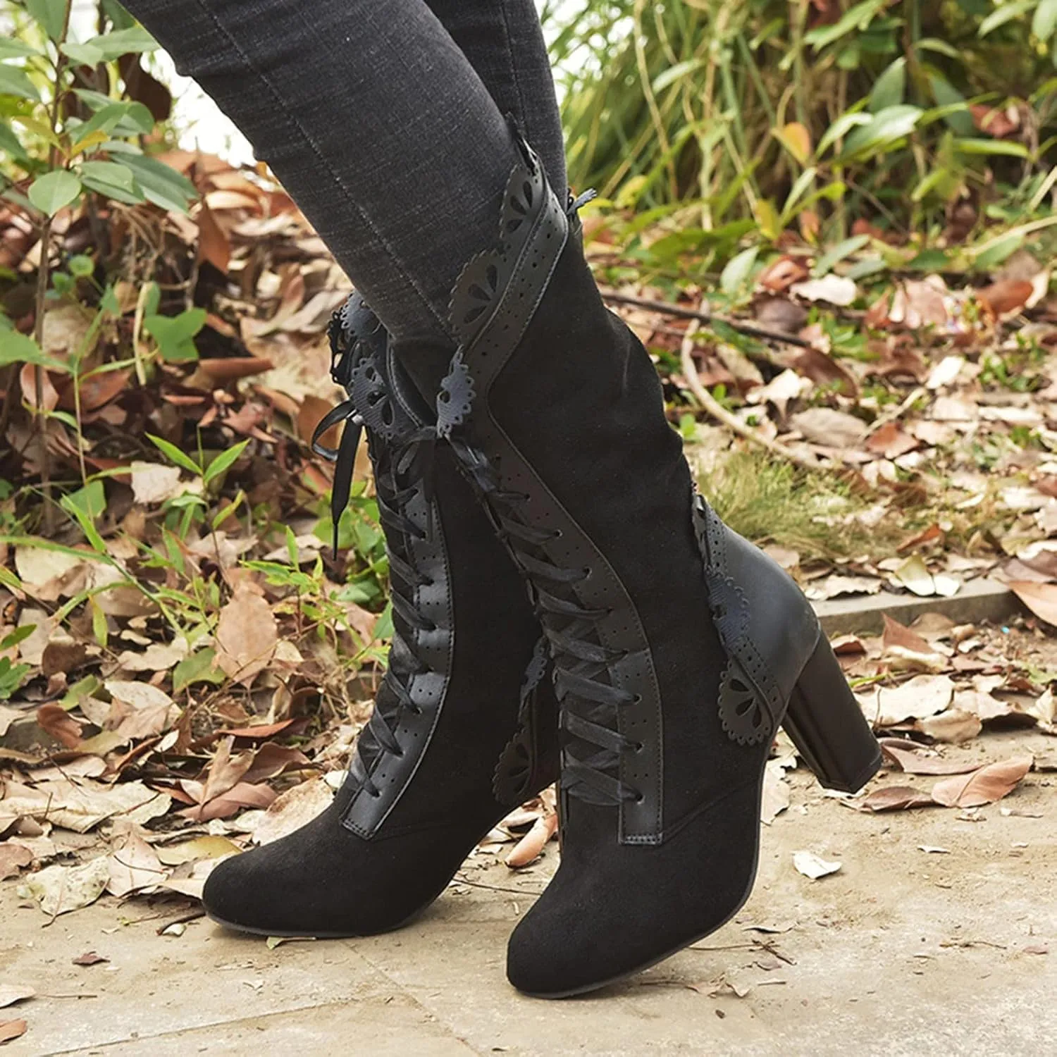Women's Lace Mid Calf Boots Goth Vintage Lace-up Combat Boots Chunky High Heel Cocktail Party Dress Riding Booties