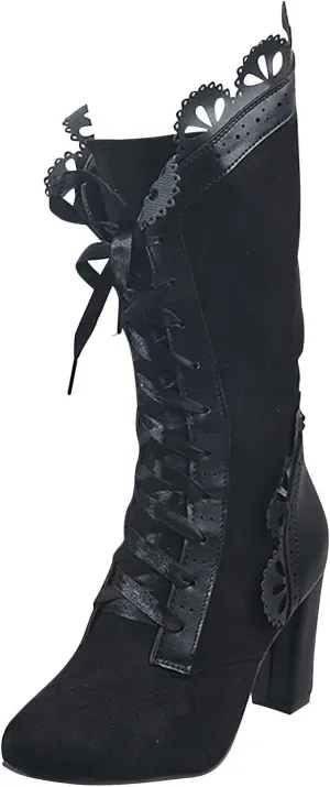 Women's Lace Mid Calf Boots Goth Vintage Lace-up Combat Boots Chunky High Heel Cocktail Party Dress Riding Booties