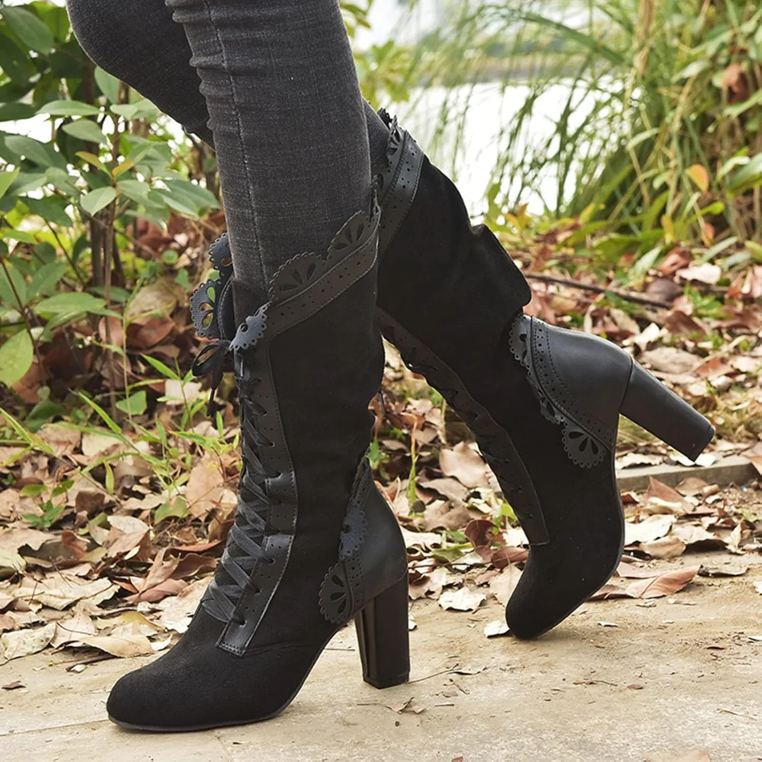 Women's Lace Mid Calf Boots Goth Vintage Lace-up Combat Boots Chunky High Heel Cocktail Party Dress Riding Booties