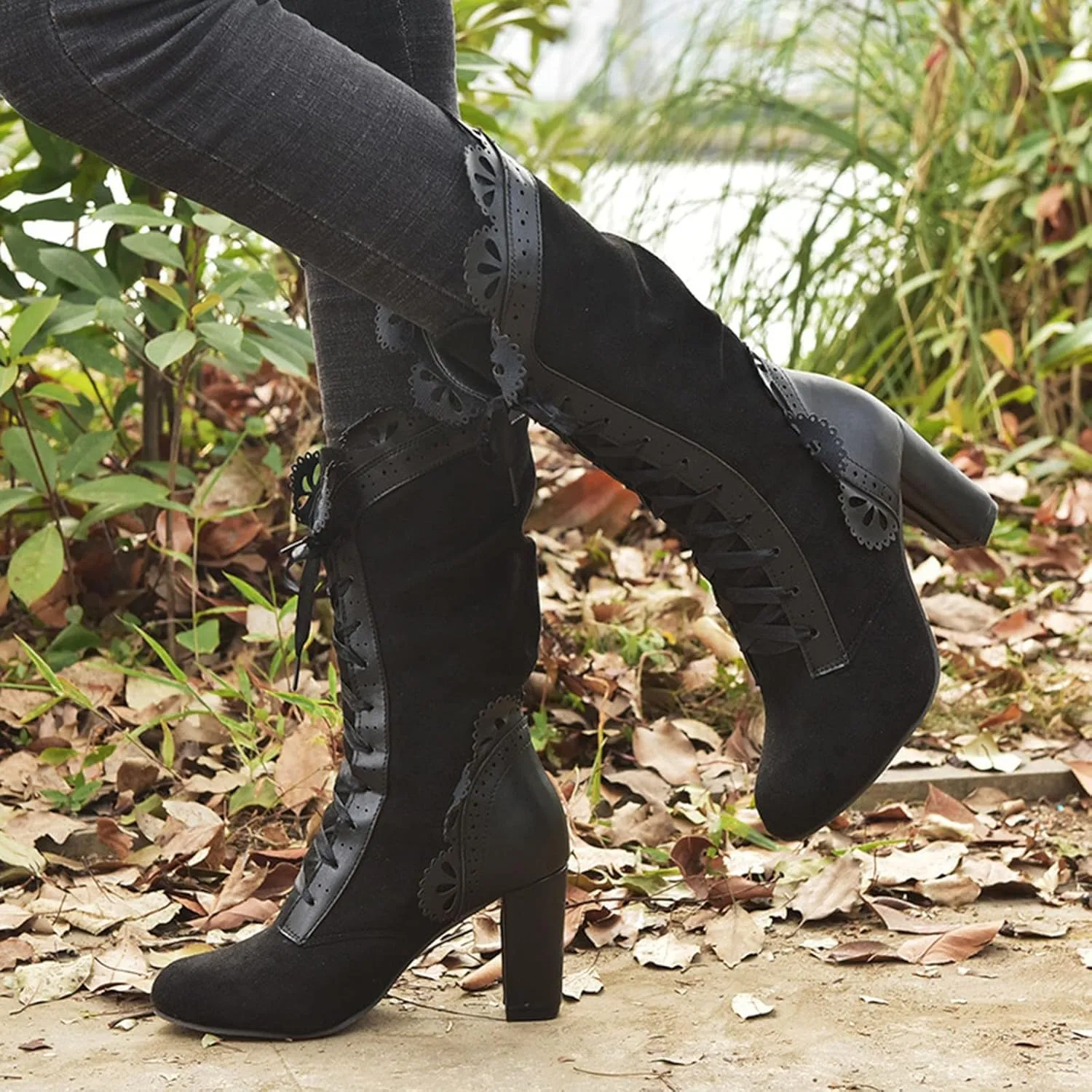 Women's Lace Mid Calf Boots Goth Vintage Lace-up Combat Boots Chunky High Heel Cocktail Party Dress Riding Booties