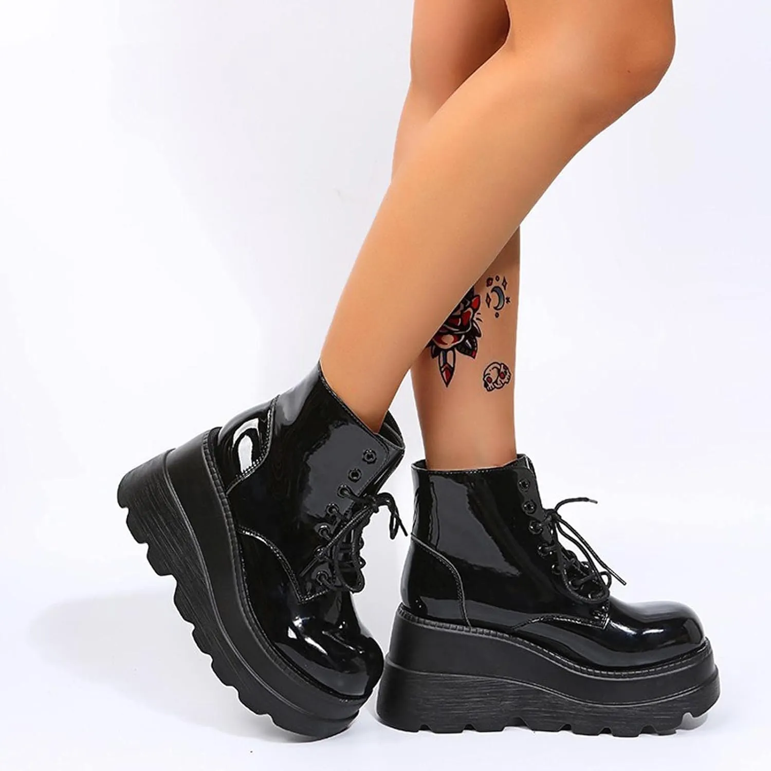 Women's Lace-Up Combat Boots Gothic Platform Mid Calf Wedges Chunky High Heel Round Toe Side Zip Punk Ankle Booties