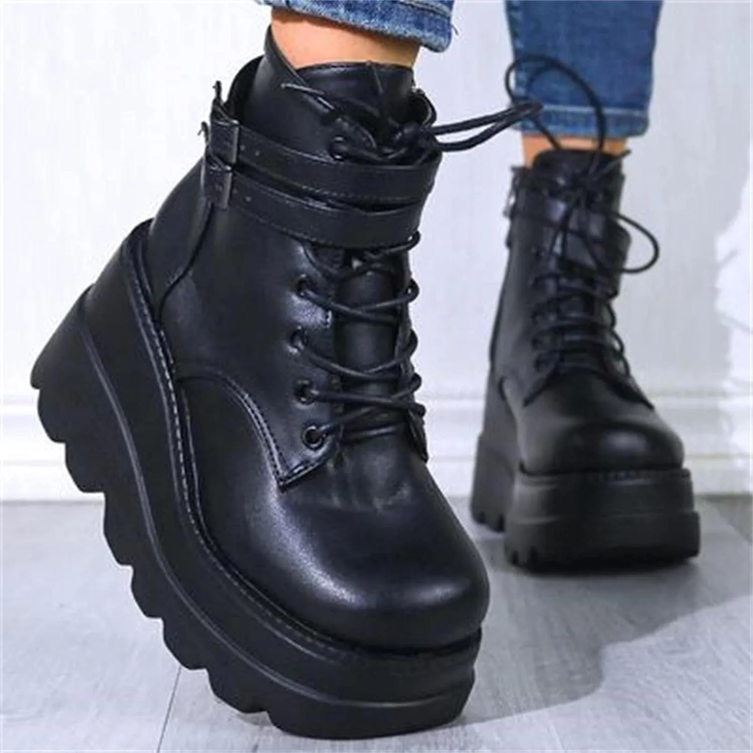 Women's Lace-Up Combat Boots Gothic Platform Mid Calf Wedges Chunky High Heel Round Toe Side Zip Punk Ankle Booties