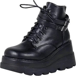 Women's Lace-Up Combat Boots Gothic Platform Mid Calf Wedges Chunky High Heel Round Toe Side Zip Punk Ankle Booties