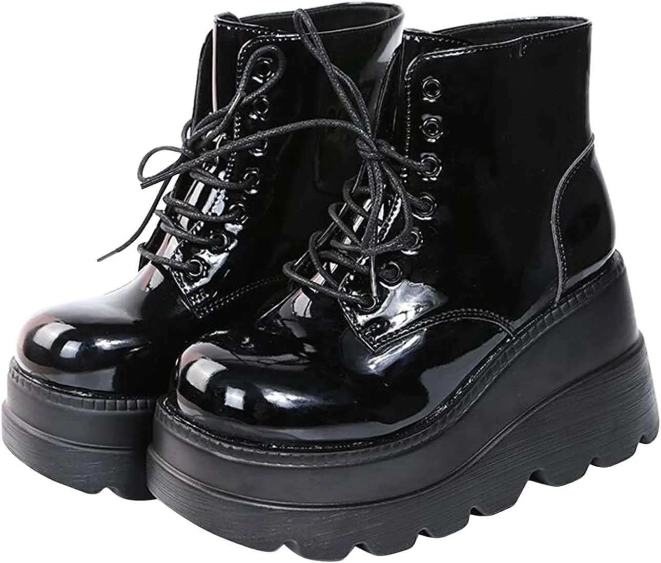 Women's Lace-Up Combat Boots Gothic Platform Mid Calf Wedges Chunky High Heel Round Toe Side Zip Punk Ankle Booties