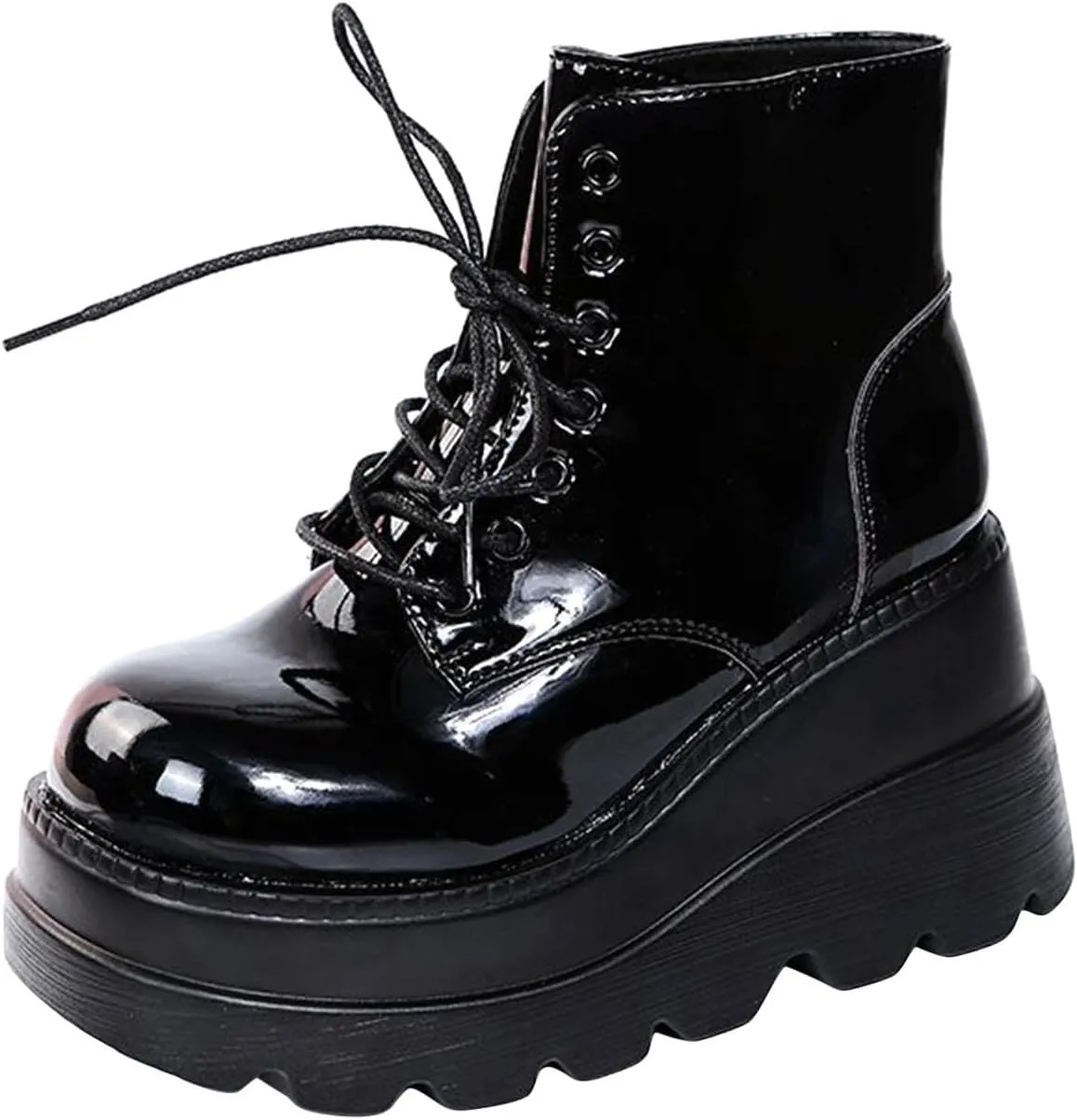 Women's Lace-Up Combat Boots Gothic Platform Mid Calf Wedges Chunky High Heel Round Toe Side Zip Punk Ankle Booties