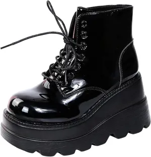 Women's Lace-Up Combat Boots Gothic Platform Mid Calf Wedges Chunky High Heel Round Toe Side Zip Punk Ankle Booties