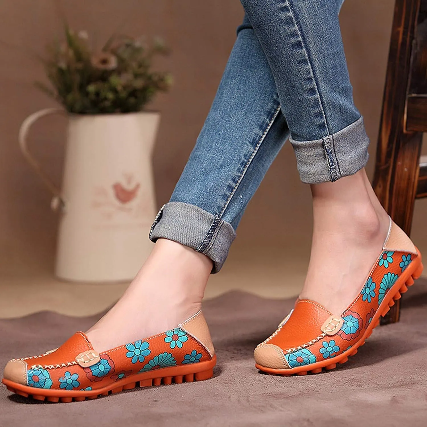 Women's Loafer Shoes Printed Leather Walking Casual Loafers Women's Shoes Comfortable Flat Casual