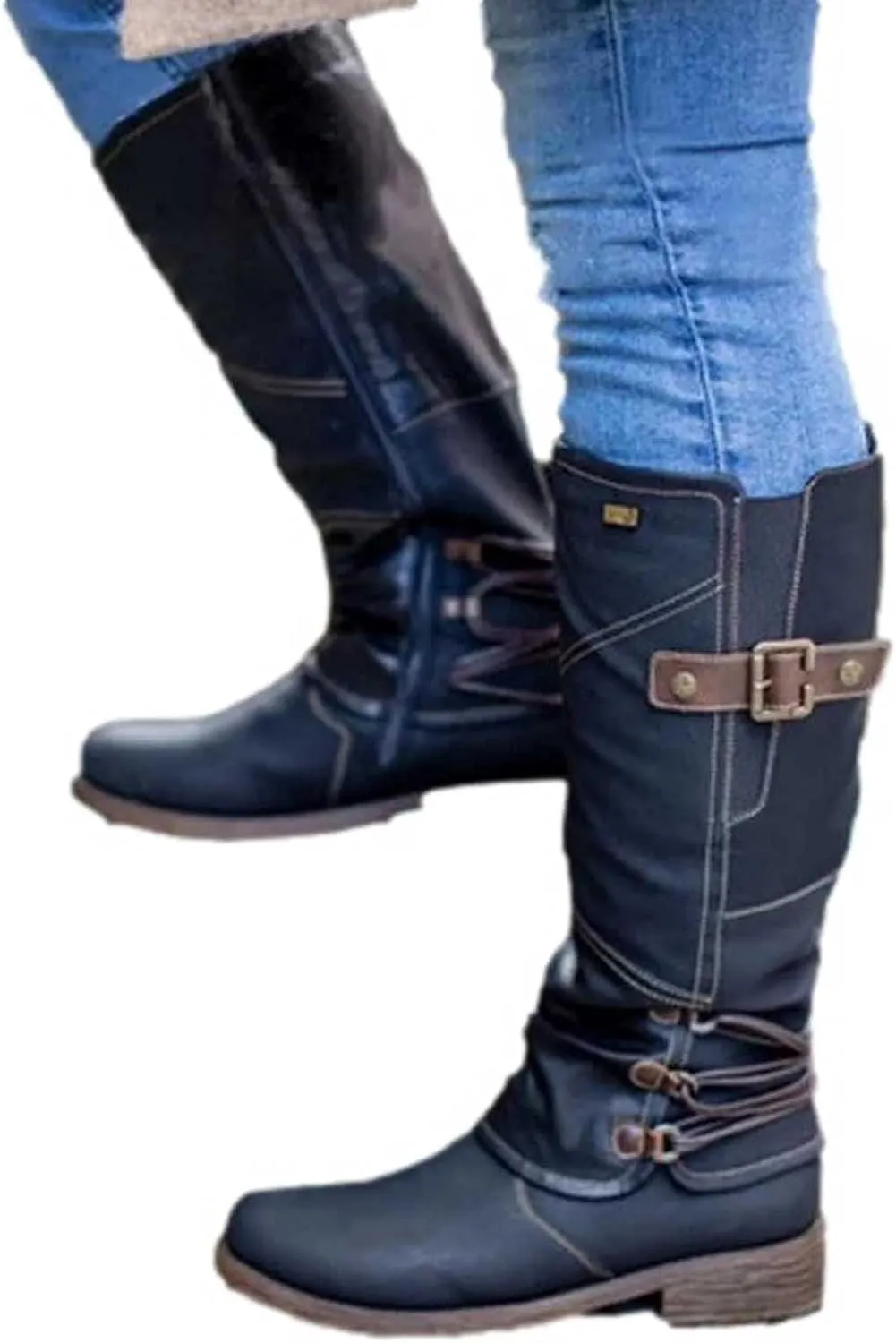 Women's Mid Calf Dress Boots Biker Boots Zipper Round Toe Chunky Low Heel Combat Riding Fashion Winter Boots