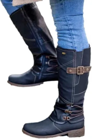 Women's Mid Calf Dress Boots Biker Boots Zipper Round Toe Chunky Low Heel Combat Riding Fashion Winter Boots