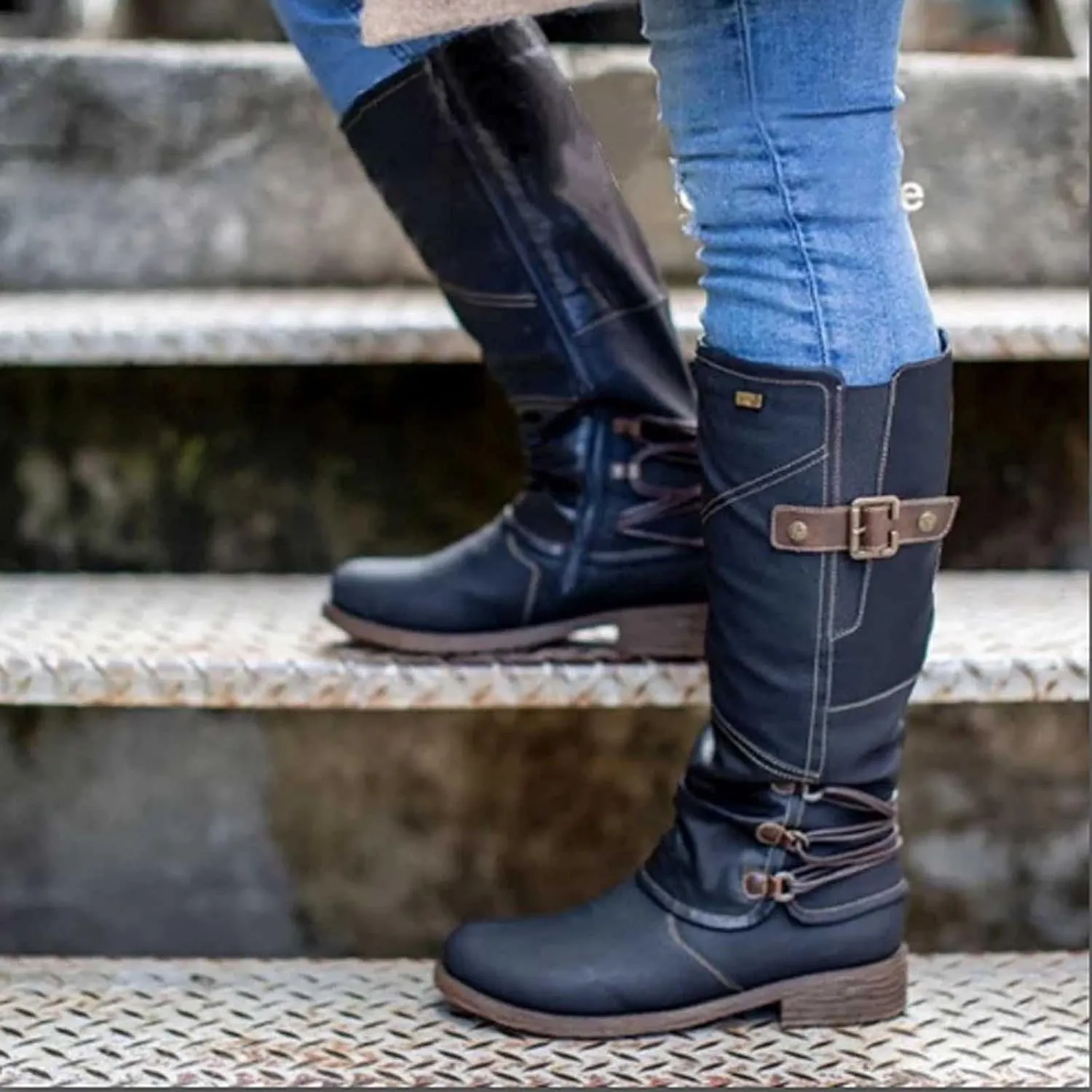 Women's Mid Calf Dress Boots Biker Boots Zipper Round Toe Chunky Low Heel Combat Riding Fashion Winter Boots
