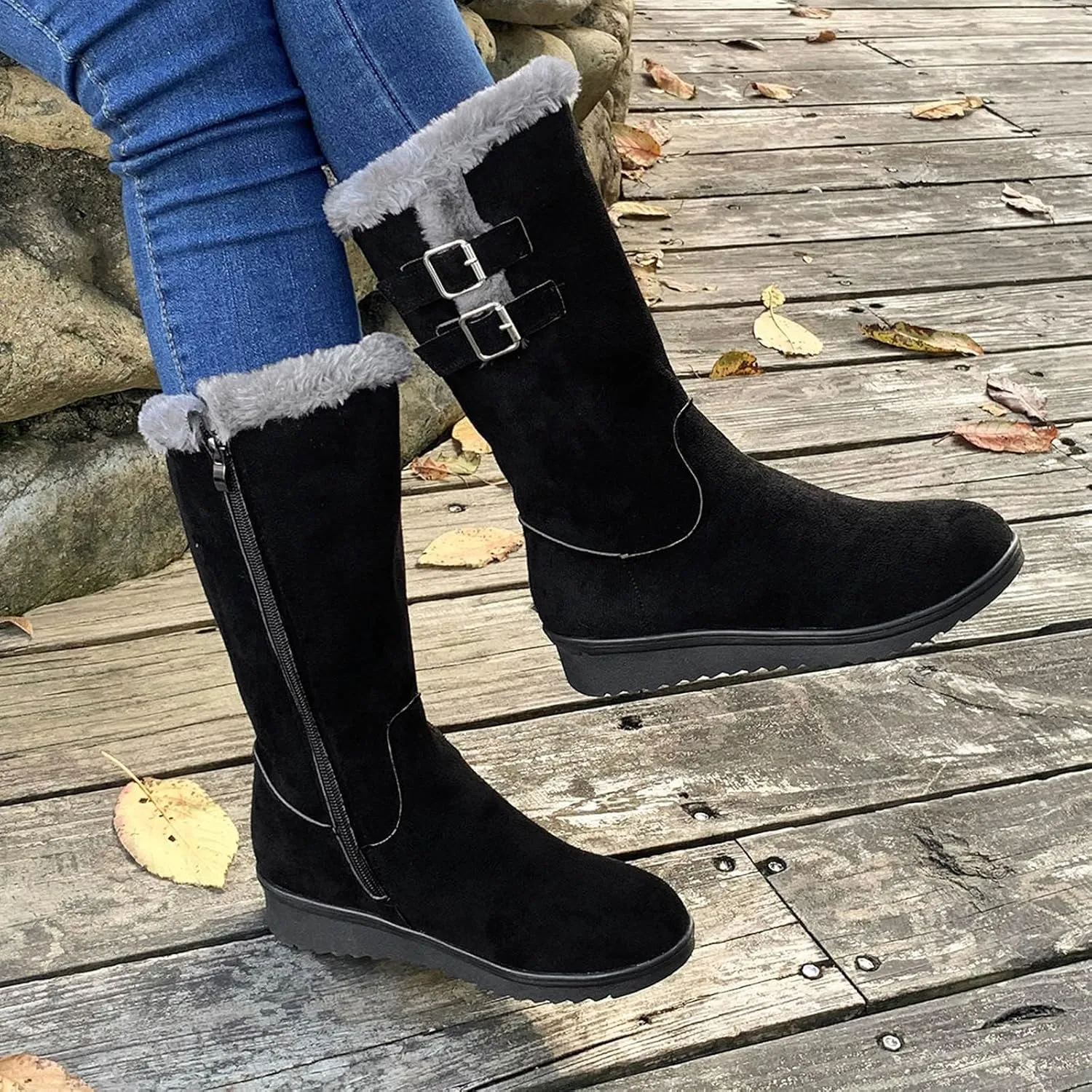 Women's Mid Calf Flock Winter Boots Keep Warm Thick Sole Buckle Zipper Snow Booties Round Toe
