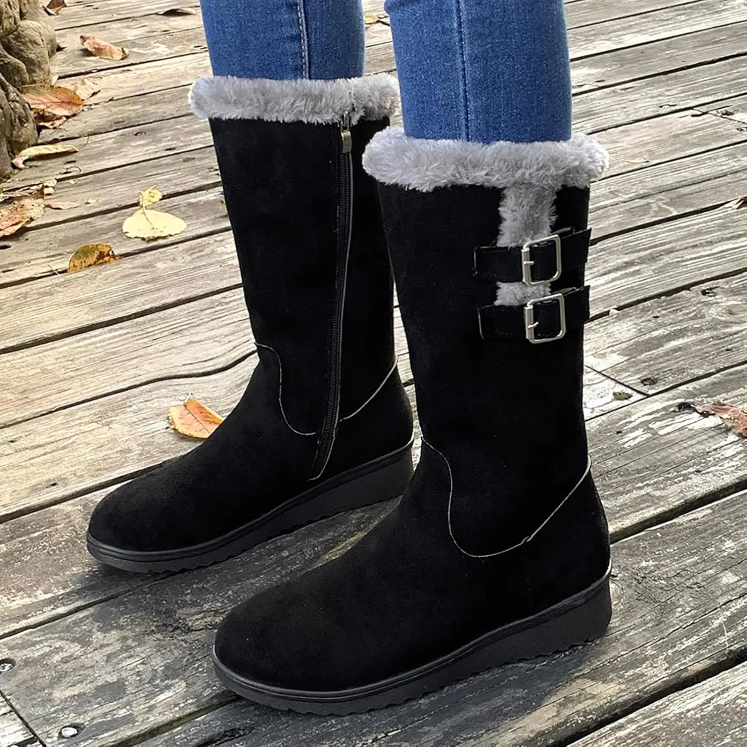 Women's Mid Calf Flock Winter Boots Keep Warm Thick Sole Buckle Zipper Snow Booties Round Toe
