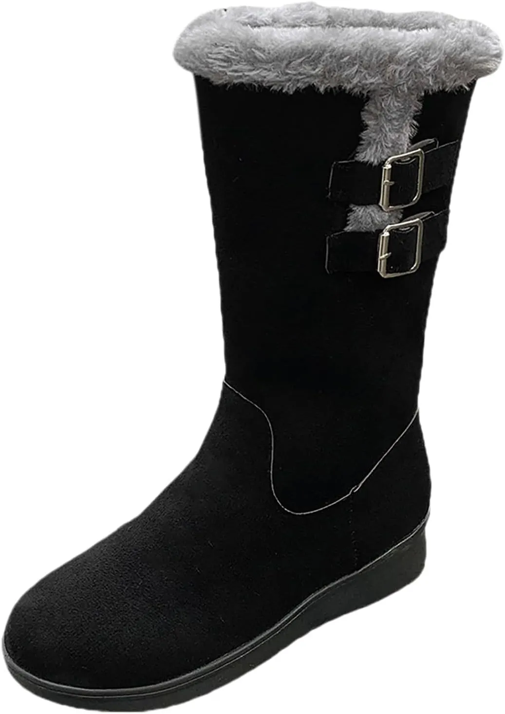 Women's Mid Calf Flock Winter Boots Keep Warm Thick Sole Buckle Zipper Snow Booties Round Toe