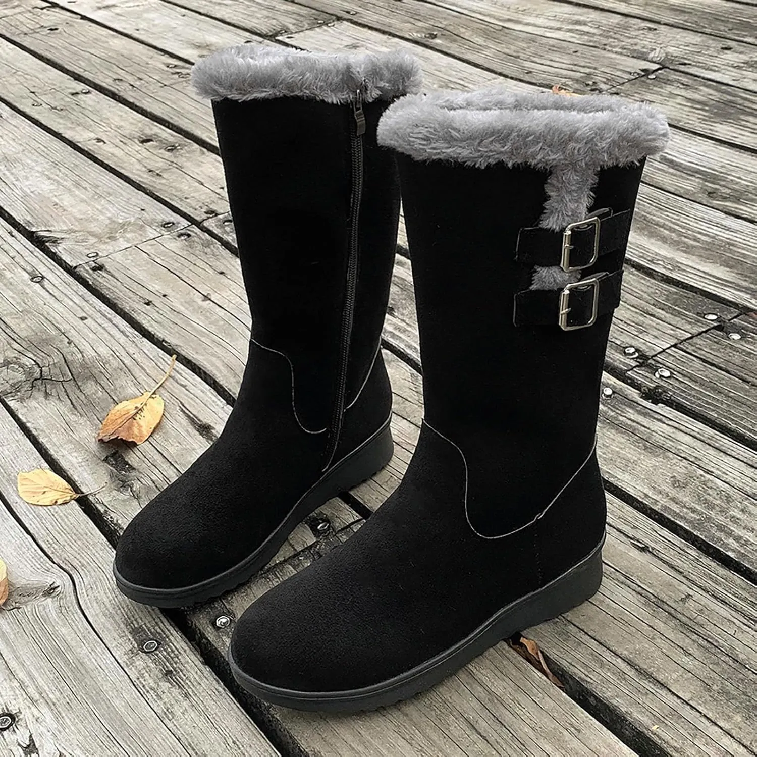 Women's Mid Calf Flock Winter Boots Keep Warm Thick Sole Buckle Zipper Snow Booties Round Toe