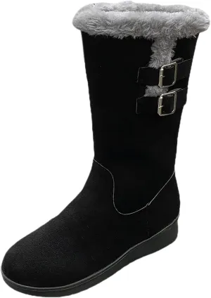 Women's Mid Calf Flock Winter Boots Keep Warm Thick Sole Buckle Zipper Snow Booties Round Toe