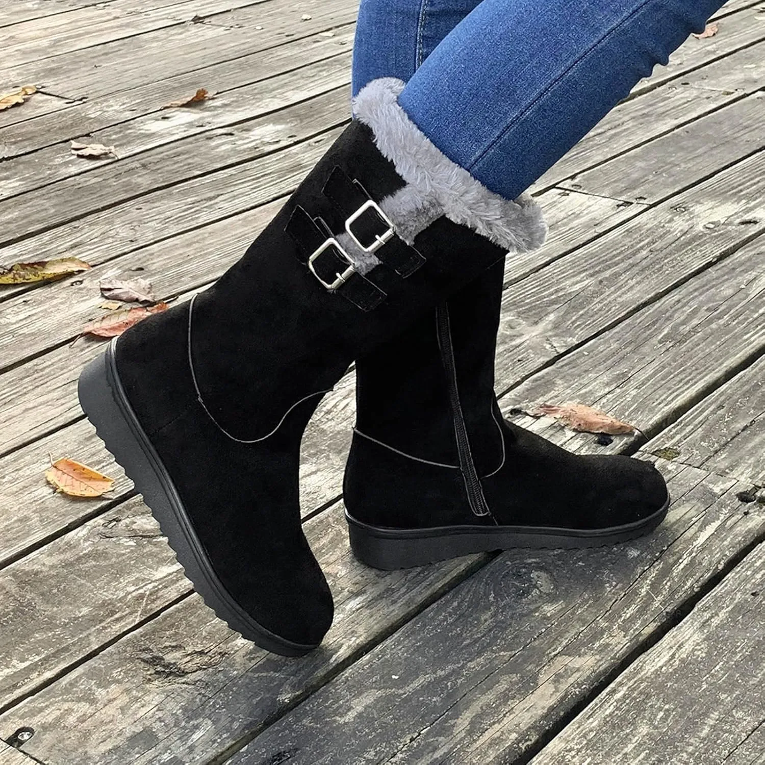 Women's Mid Calf Flock Winter Boots Keep Warm Thick Sole Buckle Zipper Snow Booties Round Toe