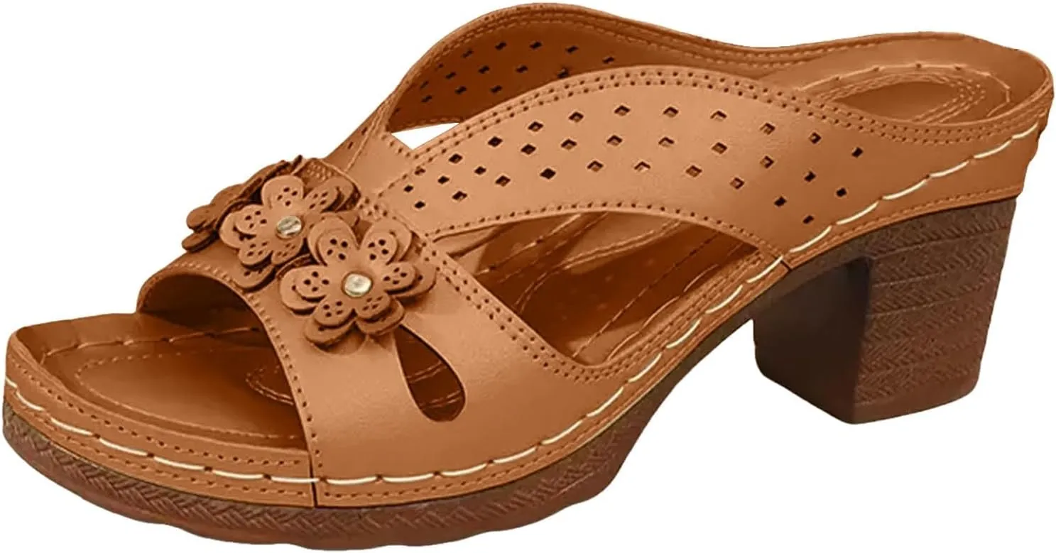 Women's Platform Chunky Heels Low Block Heeled Sandals Open Toe Slides Fashion Wedding Party Dress Sandals Casual Summer Mules Slip-on Shoes (a-Brown, 8)