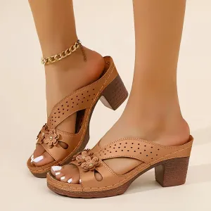 Women's Platform Chunky Heels Low Block Heeled Sandals Open Toe Slides Fashion Wedding Party Dress Sandals Casual Summer Mules Slip-on Shoes (a-Brown, 8)