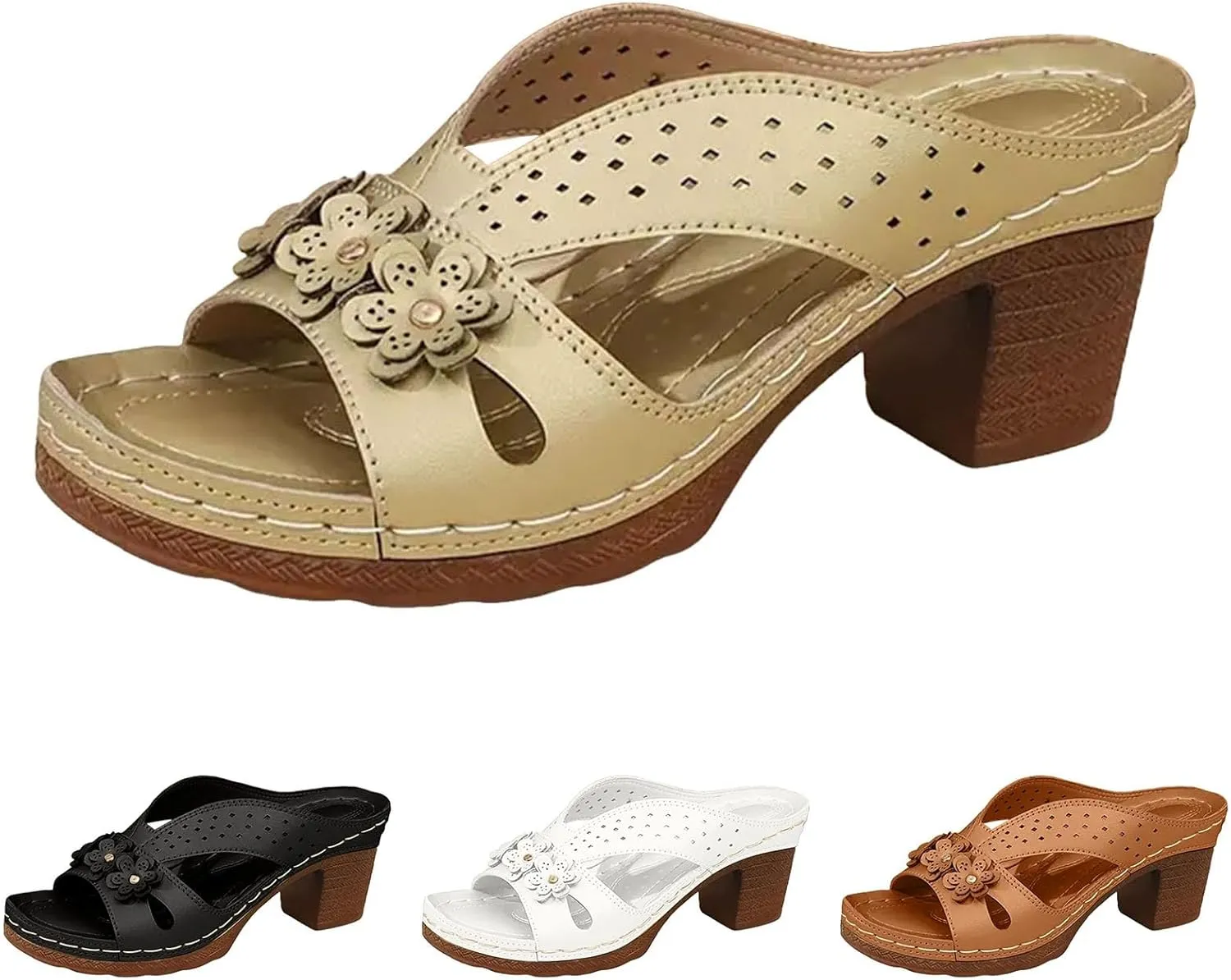 Women's Platform Chunky Heels Low Block Heeled Sandals Open Toe Slides Fashion Wedding Party Dress Sandals Casual Summer Mules Slip-on Shoes (a-Brown, 8)