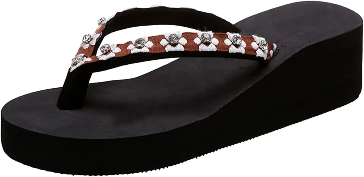 Women's Rhinestone Flip Flops Wear Wedge Heel Chain Clip Flip Flops with Mid Heel Fashion Beach Slide Shoes