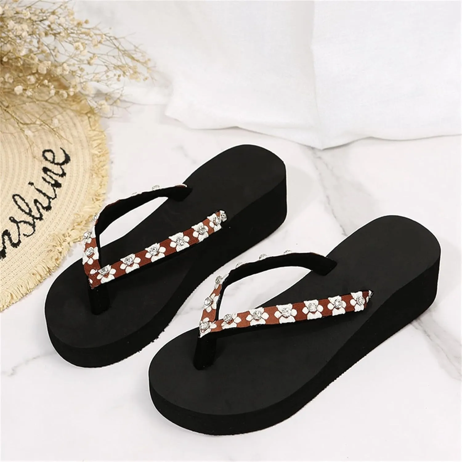 Women's Rhinestone Flip Flops Wear Wedge Heel Chain Clip Flip Flops with Mid Heel Fashion Beach Slide Shoes