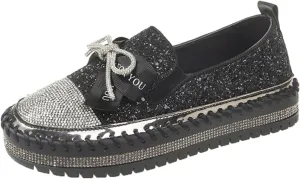 Women's Rhinestones Glitter Platform Slip On Sneakers Casual Cute Bowknot Shiny Walking Shoes Non-Slip Comfortable Dress Flat Loafers