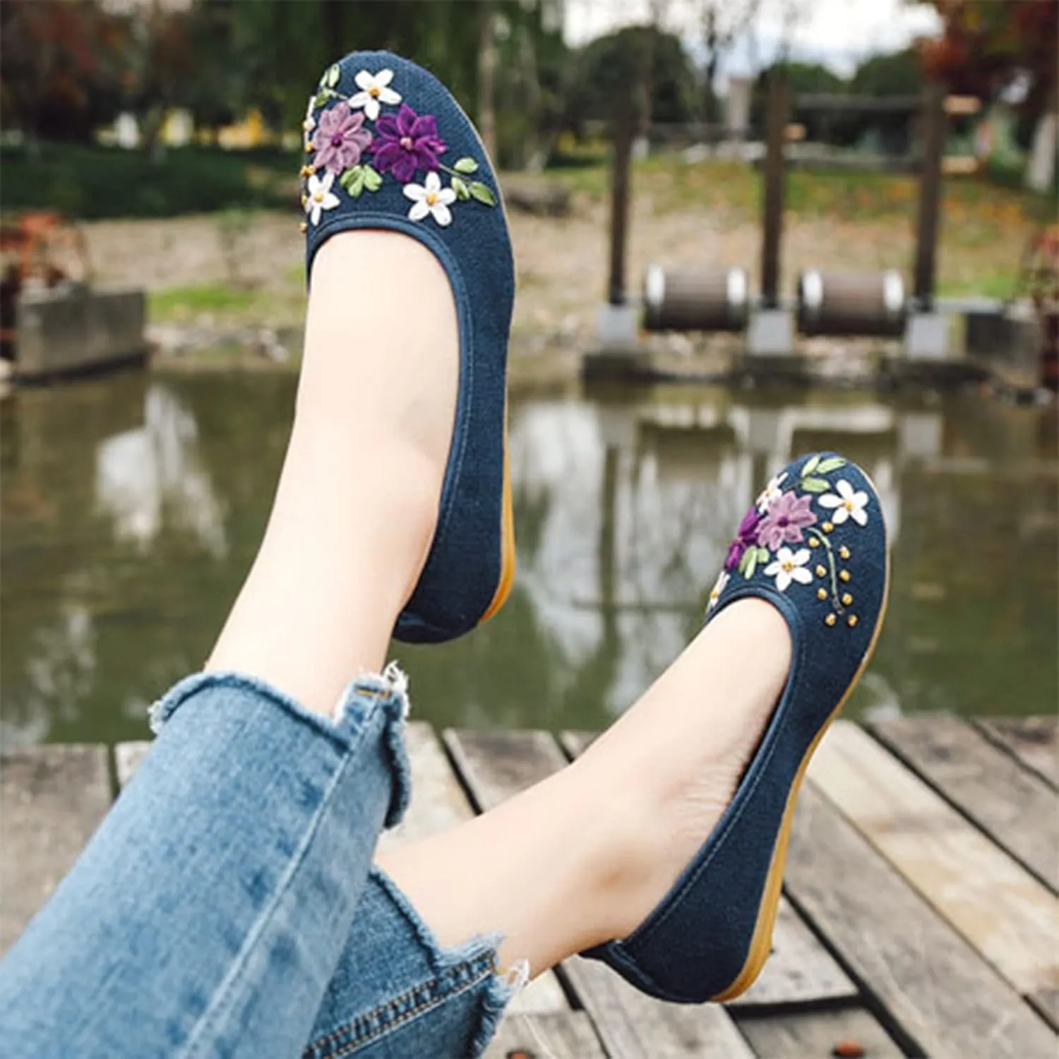 Women’s Shoes Loafers Cloth Shoes Women's Single Ribbon Linen Breathable Embroidery Single Flat Heels Linen Embroidered Mother