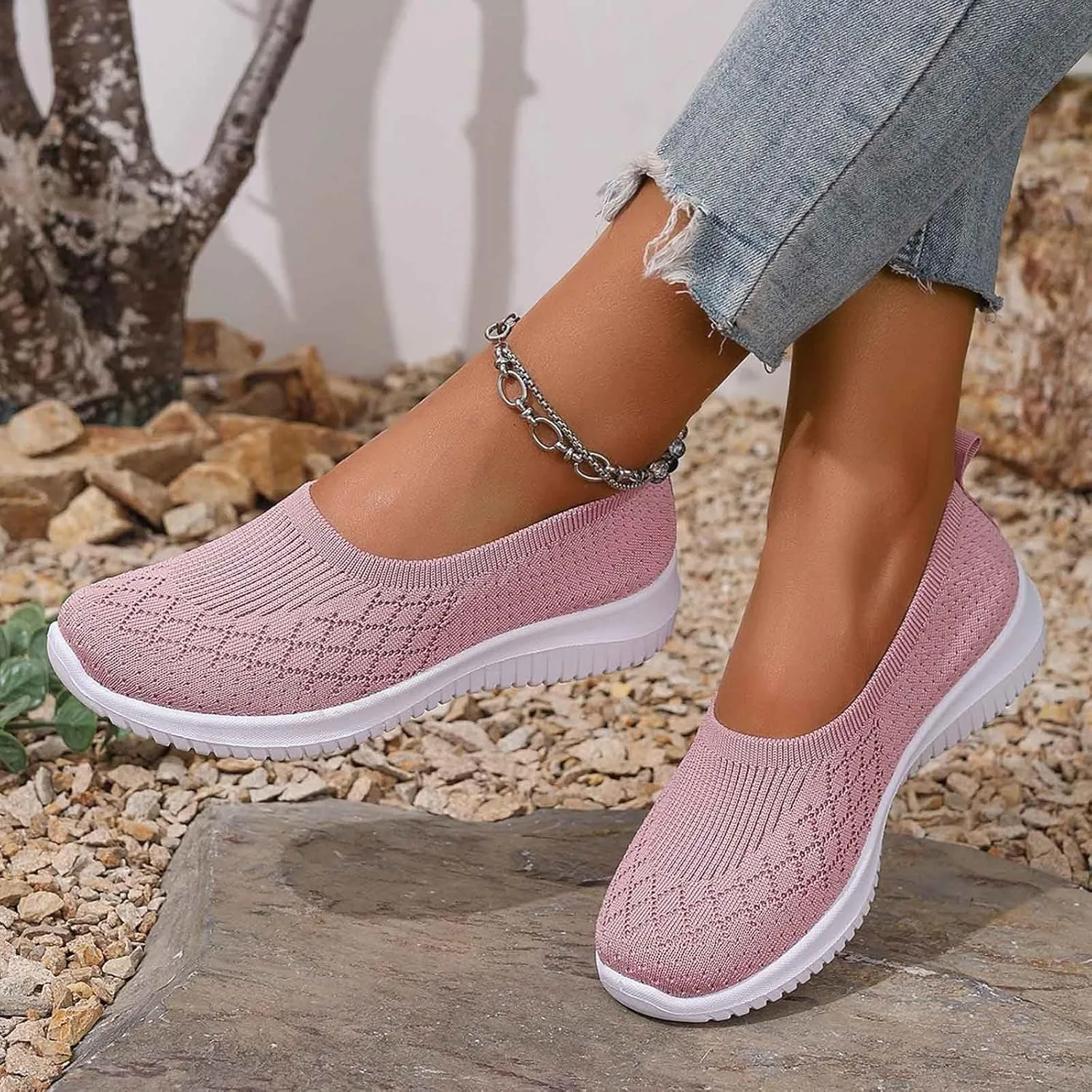 Women's Slip On Comfy Walking Shoes,Lightweight Breathe Mesh Orthotic Cushion Softsole Nursing Sneakers Flip Flops