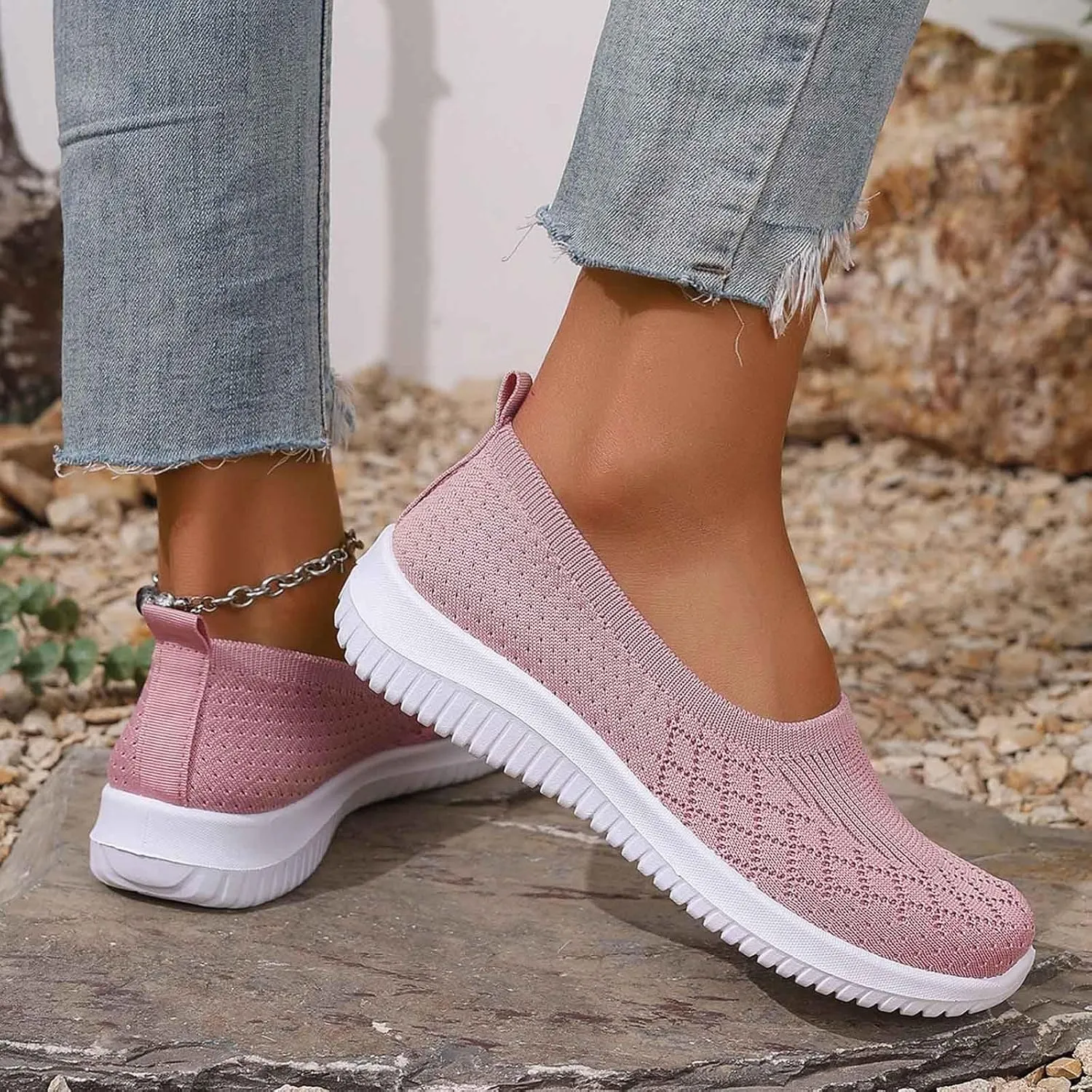 Women's Slip On Comfy Walking Shoes,Lightweight Breathe Mesh Orthotic Cushion Softsole Nursing Sneakers Flip Flops